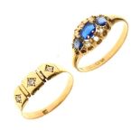 18ct three-stone diamond ring, size Q, and a 18ct gold ring set paste, sapphires and diamonds