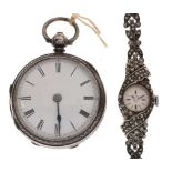 Late Victorian silver fob watch and lady's silver marcasite watch