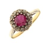 Yellow metal cluster ring set ruby and diamonds