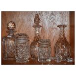 Assorted cut glass decanters etc