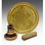 Jamaican treen ashtray, together with a brass tray (42cm diameter), and modern incense box