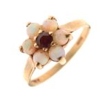 9-carat gold red stone and opal cluster ring, 2.4g