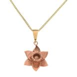 Clogau 9ct Welsh rose gold daffodil pendant on a 9ct gold curb-link chain