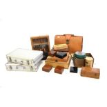 Quantity of wooden boxes, coin boxes, pouches, two metal coin cases, etc