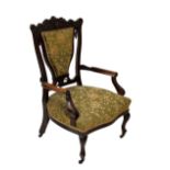 Armchair, having green and gold patterned upholstered covering