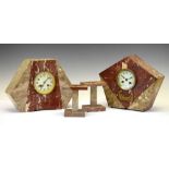French Art Deco rouge marble mantel clock garniture