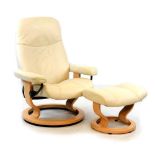 Ekornes 'Stressless' cream leather swivel easy chair and matching footstool