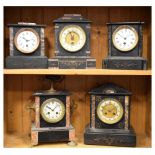 Five French black slate mantel clocks