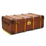 Vintage wooden-bound canvas luggage trunk