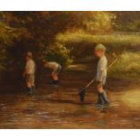 Barry Paine - oil on board - Boys fishing