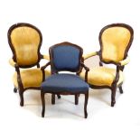 Pair of large Victorian-style chairs and a French-style chair