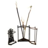Three stick stands, largest 42cm x 61cm, together with two stag horn grip sticks etc
