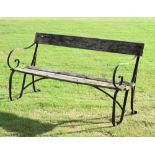 Wrought iron-framed teak garden bench