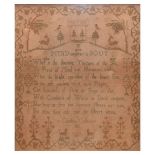 Framed needlework sampler dated 1821, by Caroline Callaway