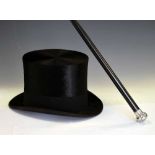 A.J. White Ltd boxed top hat, together with silver topped cane