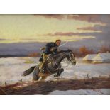 'F. Kalety' - oil on board - cavalryman or soldier on horseback riding through a snowy field