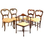 Two pairs salon chairs and an Edwardian inlaid chair