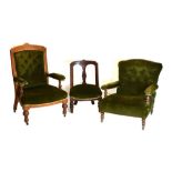 Aesthetic armchair, and two other green covered chairs