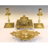 Two French-style brass inkwells and two candlesticks