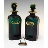 Two green glass decanters - Shrub and Rum
