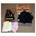 Quantity of linen, together with a feather boa, wicker basket, and Zither