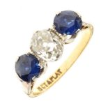 Three-stone sapphire and diamond ring