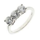 Three stone diamond 18ct white gold ring,