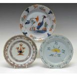 English 18th Century Delftware 'Heron' plate and two others