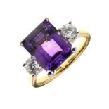 Three stone amethyst and diamond 18ct gold ring,