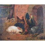 E. Britton - Oil on canvas - Rabbits with poultry