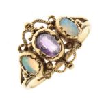 Three stone opal and amethyst 9ct gold ring,