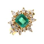 Emerald and diamond cluster ring