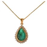 Emerald and diamond cluster pendant on a chain,