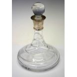 Modern crystal glass ships decanter with silver collar