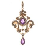 Edwardian yellow metal, amethyst and seed pearl pendant brooch