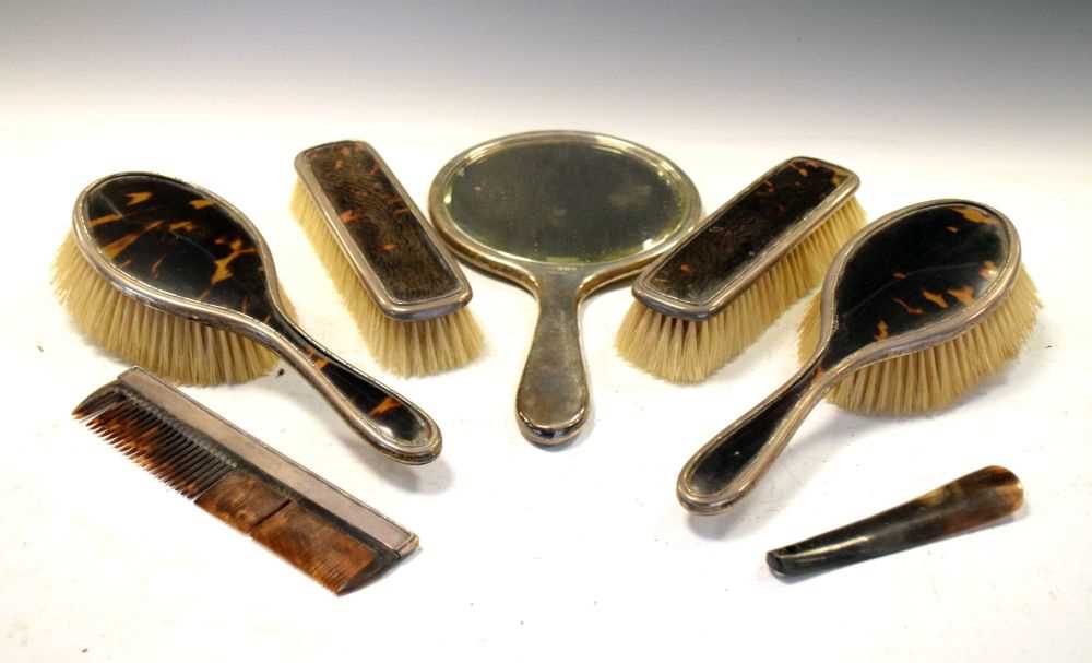 Six-piece silver-mounted tortoiseshell brush and mirror set