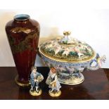Pair of Capodimonte figures, a Capodimonte tureen dish and cover together with