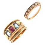 '9ct' garnet and blue topaz-coloured stone set ring,