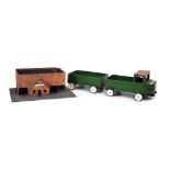 Mid Century painted toy lorry, trailer and garage