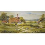 English School circa 1900 - Watercolour - cottage with sheep grazing in a field