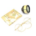 Mother-of-pearl card case ivory mounted pocket telescope, yellow metal spectacle frames