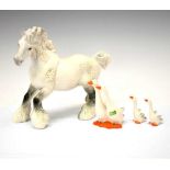 Grey Beswick shirehorse, 22cm high, together geese and goslings