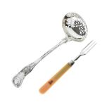 William IV 'Kings' pattern silver sifter spoon, together with a Victorian bone-handled fork