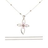 Diamond and pink sapphire open work cross pendant