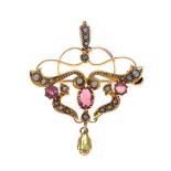 Edwardian garnet, peridot and seed pearl set pendant brooch