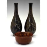 Pair of Japanese bronze vases and lacquer bowl