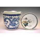 Modern Chinese blue and white jardiniere and plate
