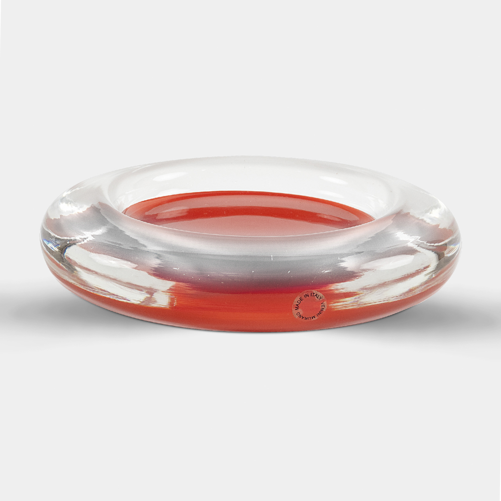 Venini, transparent and orange glass ashtray Murano, 1997 5x20 cm.