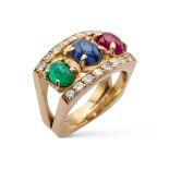 18kt yellow gold, ruby, sapphire and emerald ring weight 12 gr.