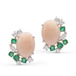 18kt white gold, pink coral, diamond and emerald lobe earrings weight 12,9 gr.